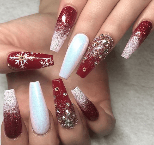 red white and gold christmas nails
