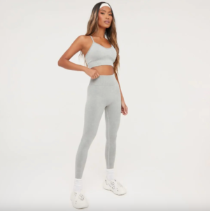 matching grey strappy crop top and leggings set