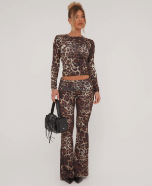 low rise fold over waistband leopard trousers