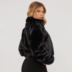 Zip Up Jacket in Black Faux Fur
