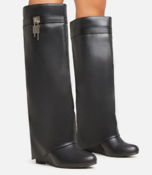 knee high black faux leather boots with buckle detail