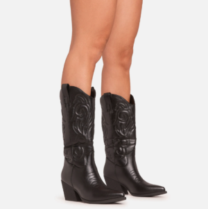 Bryson Embroidered Detail Pointed Toe Mid Calf Western Cowboy Boot In Black Faux Leather