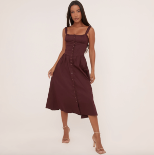 dark burgundy maxi skater dress with nude heels