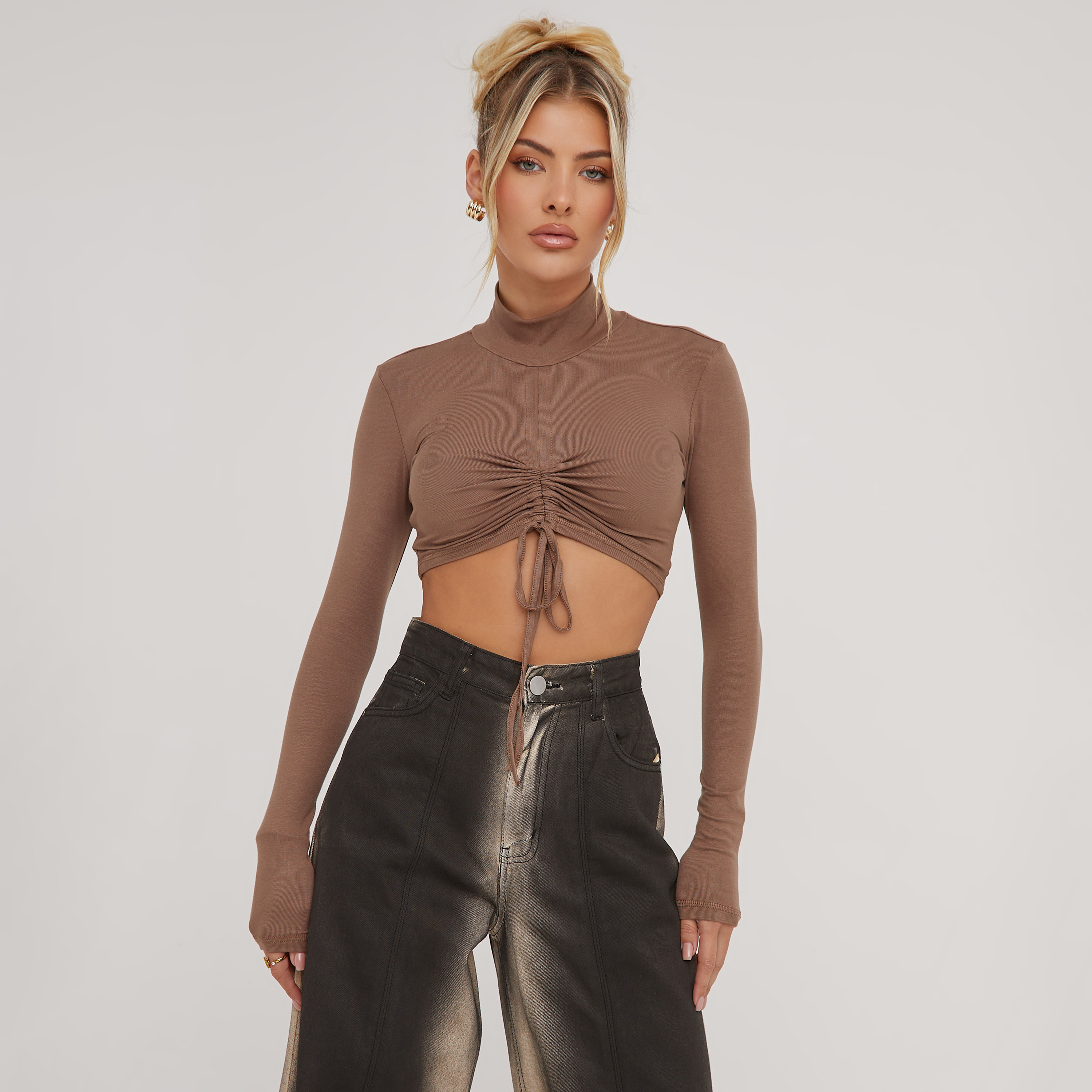 High Neck Long Sleeve Ruched Tie Detail Crop Top In Taupe