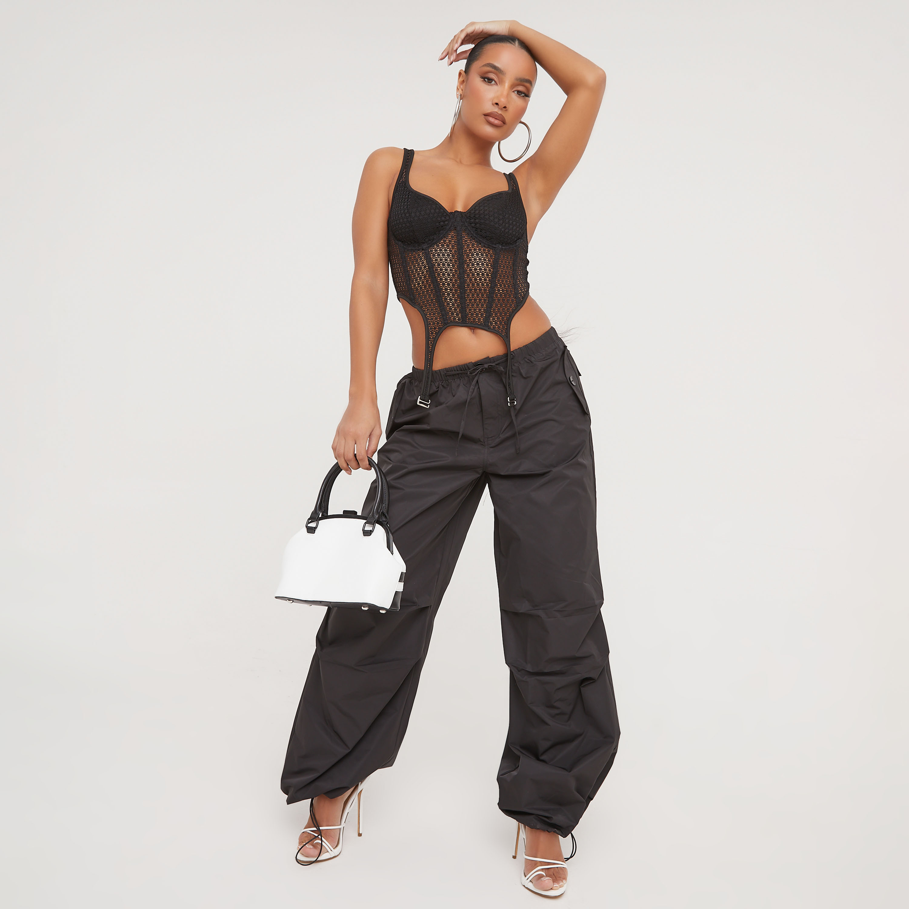 Low Rise Oversized Parachute Cargo Trousers In Black