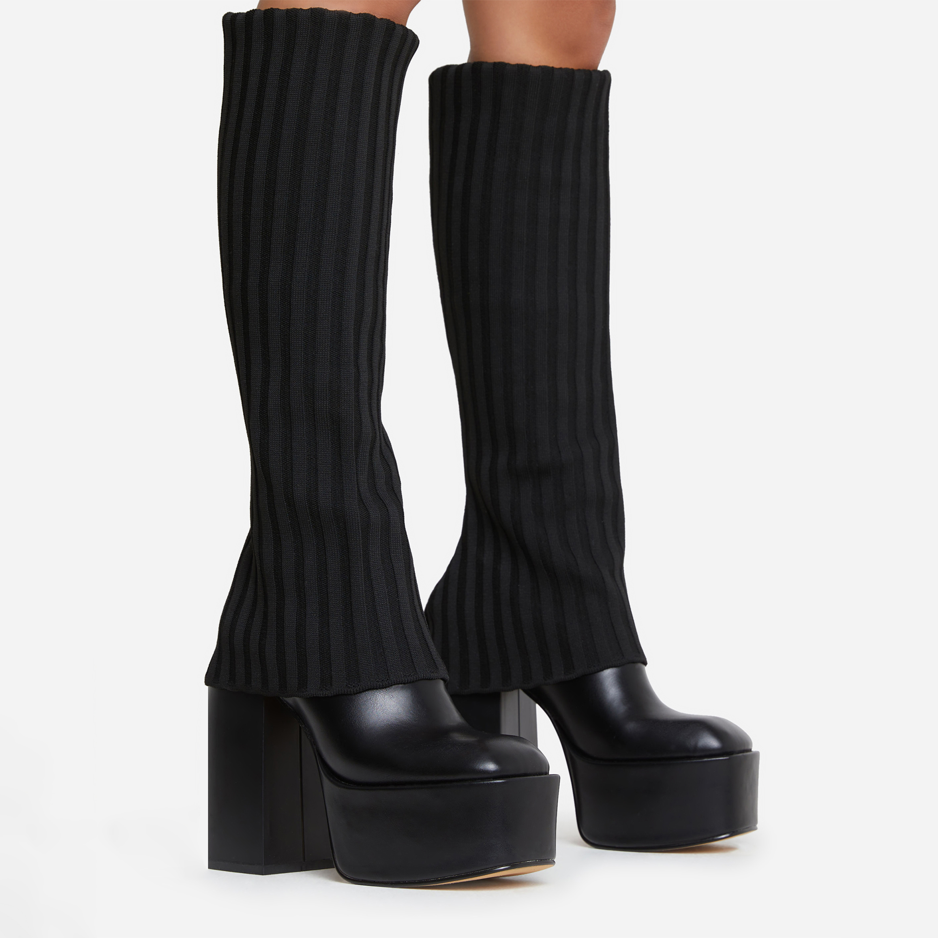 Leila Layered Knit Detail Square Toe Platform Block Heel Calf Boot