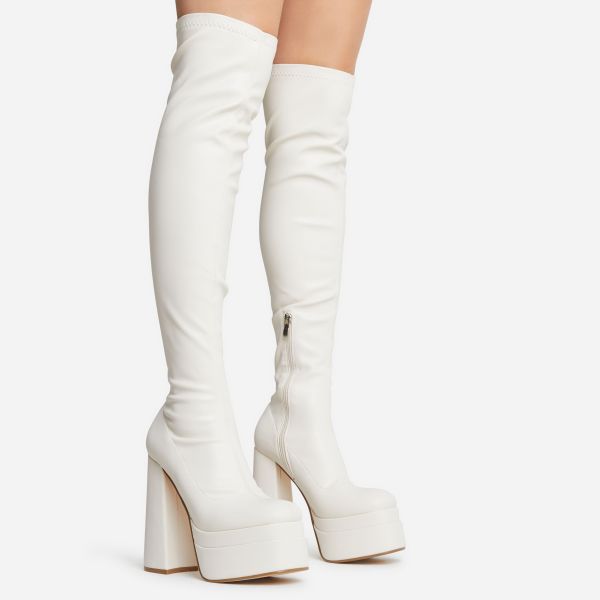 Best-Nights Square Toe Extreme Platform Block Heel Over The Knee Thigh High Boot In Cream Faux Leather