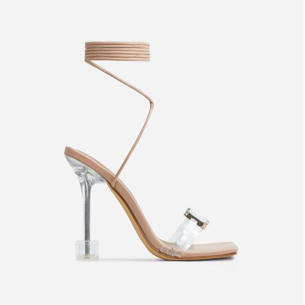 Shine-Bright Lace Up Gem Detail Square Toe Clear Perspex Statement Heel In Nude Faux Leather