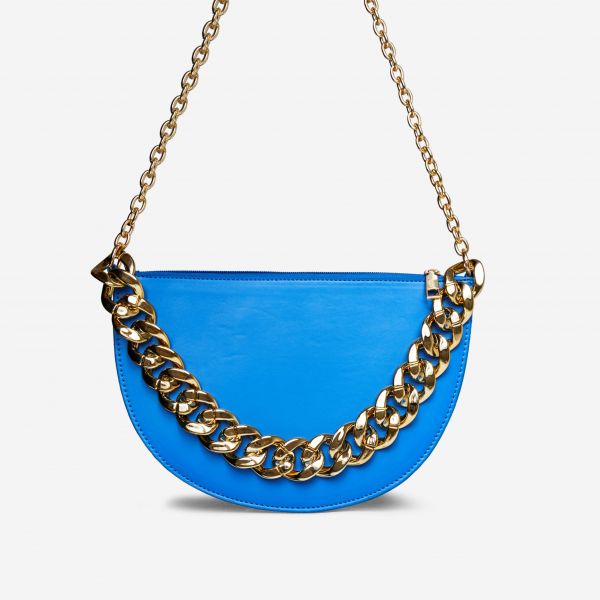 Quilo Chain Detail Half Circle Shaped Cross Body Bag In Blue Faux Leather