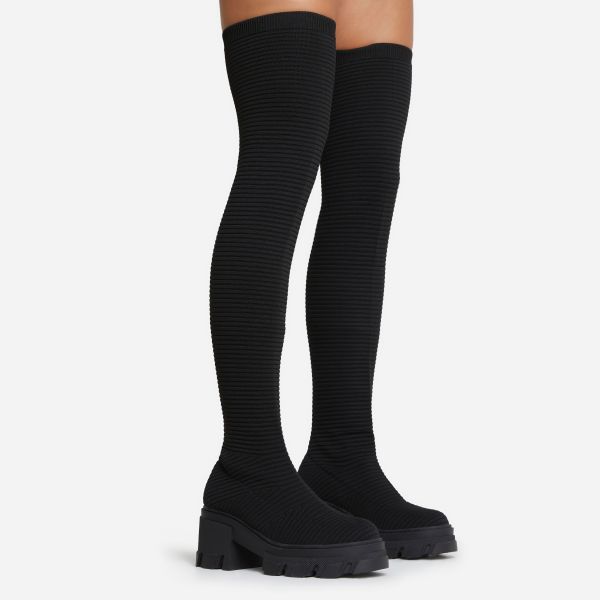 Over-The-Moon Chunky Sole Over The Knee Thigh High Sock Boot In Black Ribbed Knit