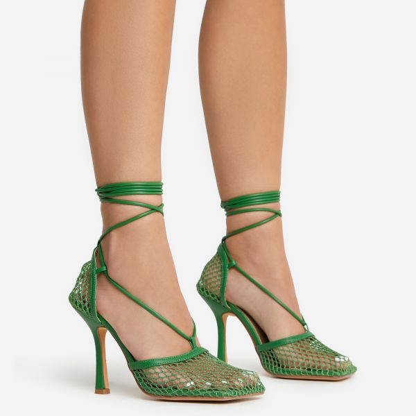 New-Me Lace Up Square Toe Court Heel In Green Fishnet