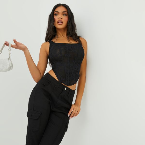 Square Neck Structured Corset Top In Black Lace