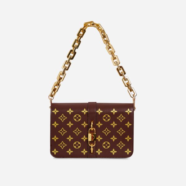 Micha Chain Strap Clasp Detail Cross Body Bag In Printed Brown Faux Leather