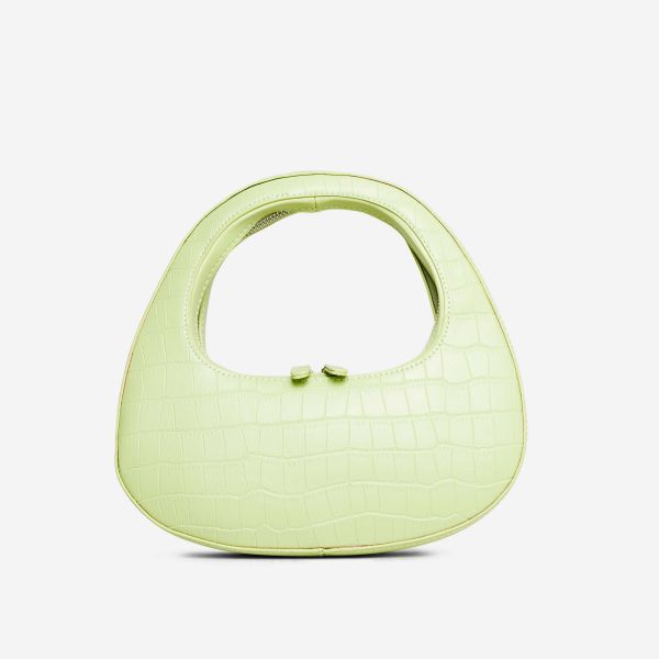 Alba Shaped Shoulder Bag In Green Croc Print Faux Leather