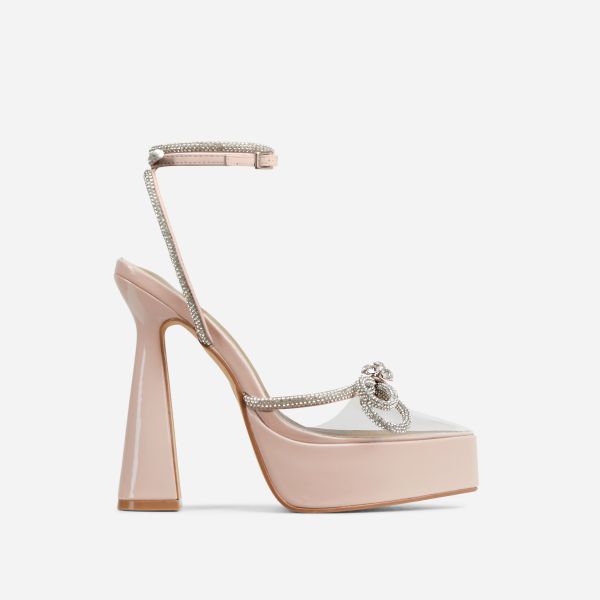 Candy-Love Diamante Bow Perspex Pointed Toe Platform Flared Block Heel In Nude Patent