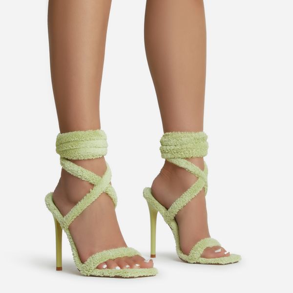 Davana Lace Up Strappy Square Toe Stiletto Heel In Green Terry Towel Fabric