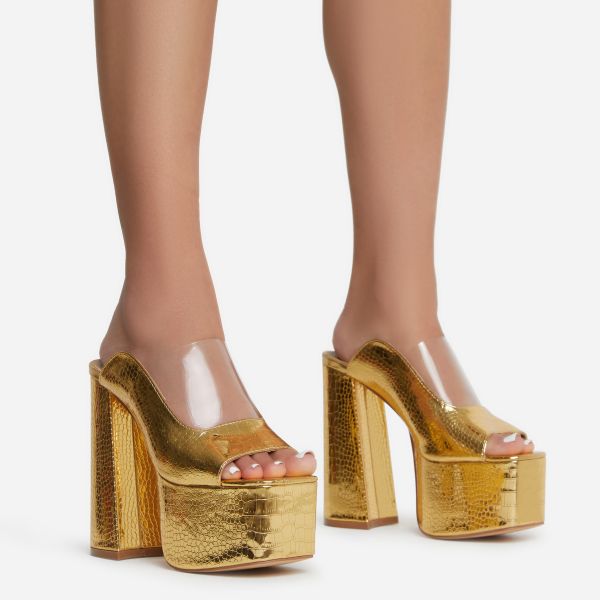 Destination Clear Perspex Square Peep Toe Platform Heel Mule In Gold Croc Print Faux Leather