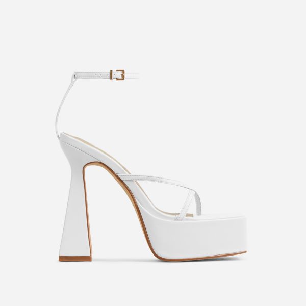 Dion Ankle Strap Square Toe Platform Flared Block Heel In White Faux Leather