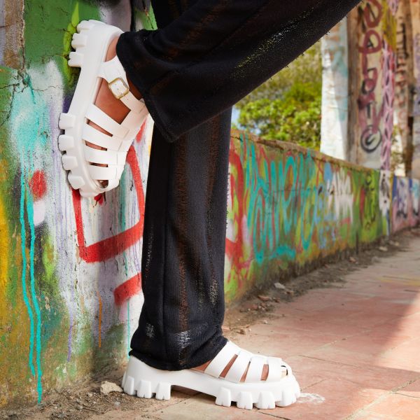 Bolt Chunky Sole Closed Toe Platform Gladiator Sandal In White Rubber
