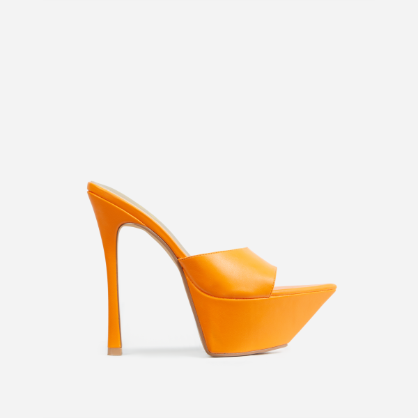 Jungle-Fever Pointed Toe Statement Platform Stiletto Heel Mule In Orange Faux Leather