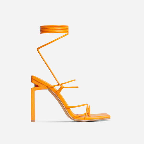 Laced Strappy Square Toe Cut Out Thin Block Heel In Orange Faux Leather