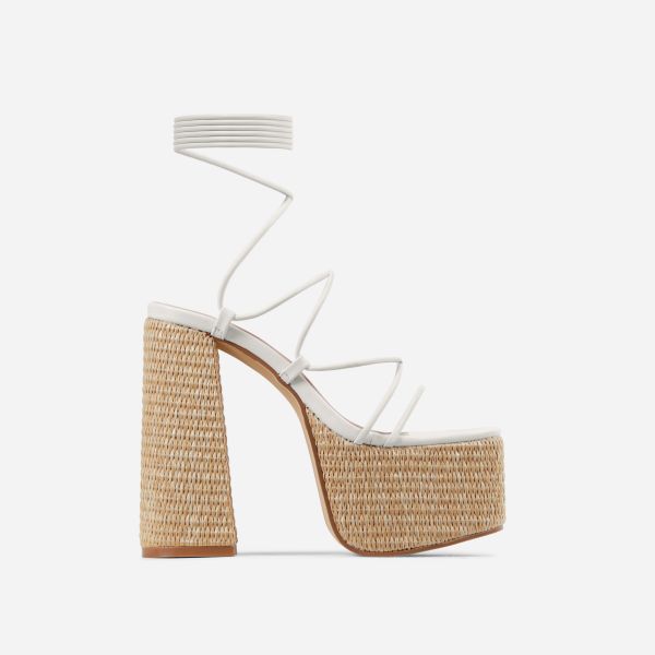 Vine-Hill Lace Up Strappy Open Toe Woven Platform Block Heel In Cream Nude Faux Leather