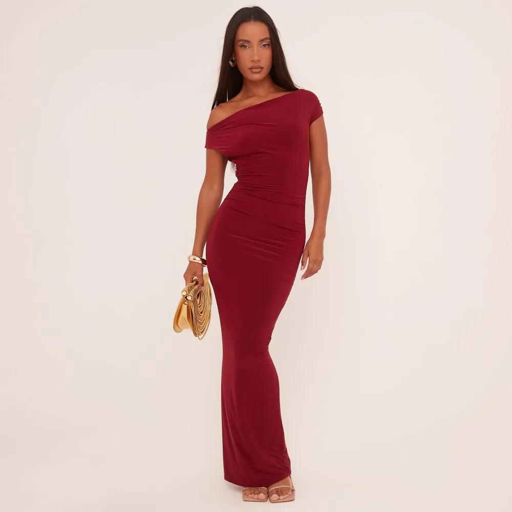 Asymmetric One Shoulder Ruched Detail Maxi Dress In Wine Slinky