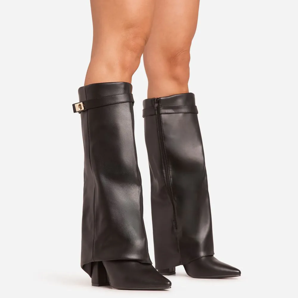 Ava Lock Detail Pointed Toe Knee High Block Heel Boot In Black Faux Leather