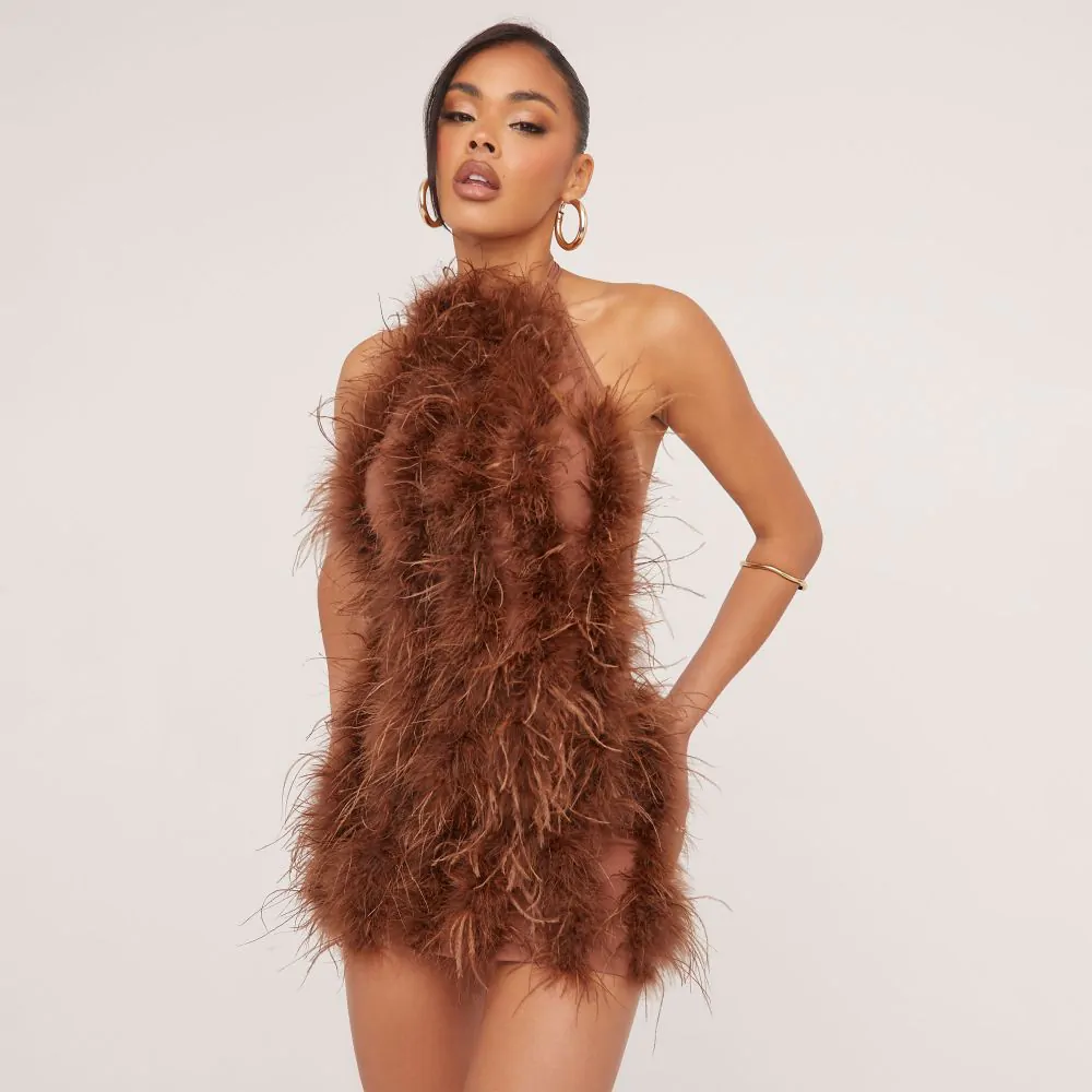 High Neck Open Back Mini Bodycon Dress In Brown Faux Feather