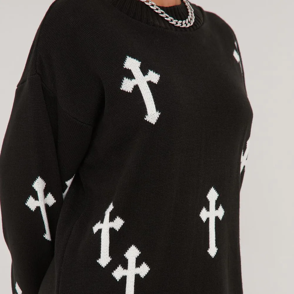 Long Sleeve Cross Patch Detail Oversized Jumper In Black Knit