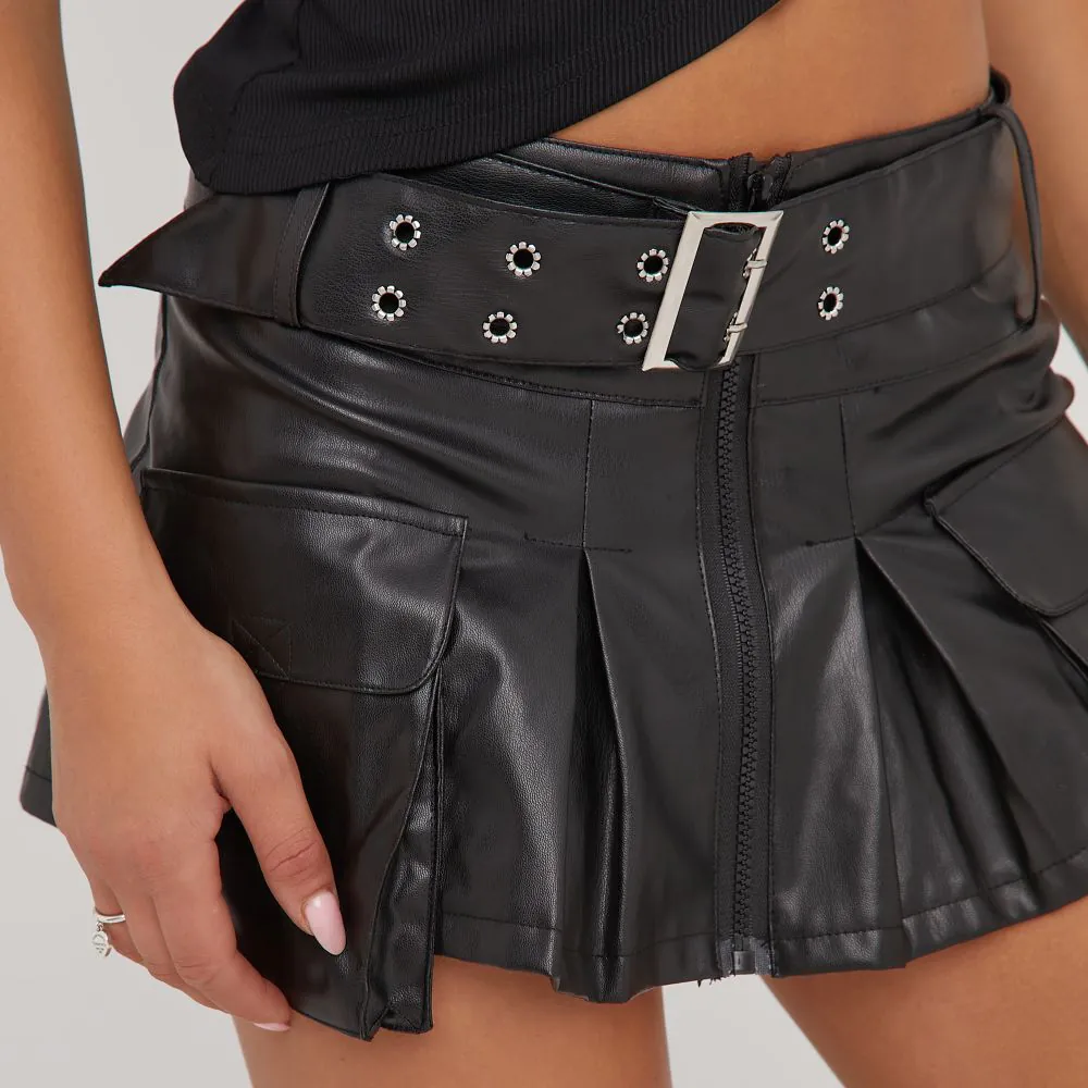 High Waist Belted Detail Pleated Mini Skirt In Black Faux Leather