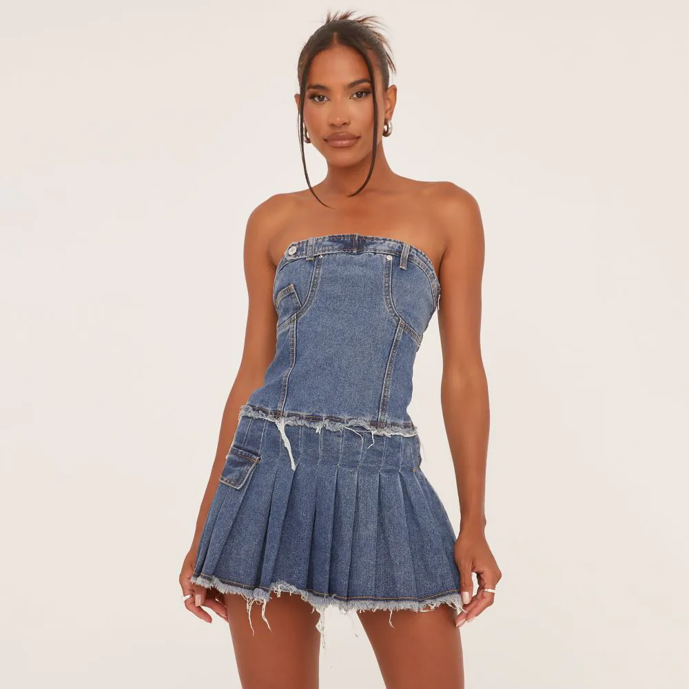 Bandeau Distressed Detail Pleated Mini Dress In Blue Denim