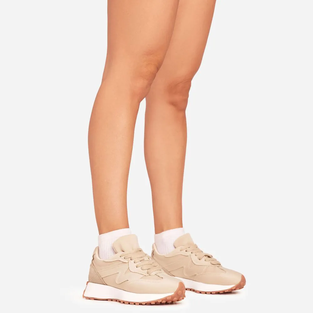 Rae-Rae Chunky Sole Lace Up Trainer In Taupe Faux Leather