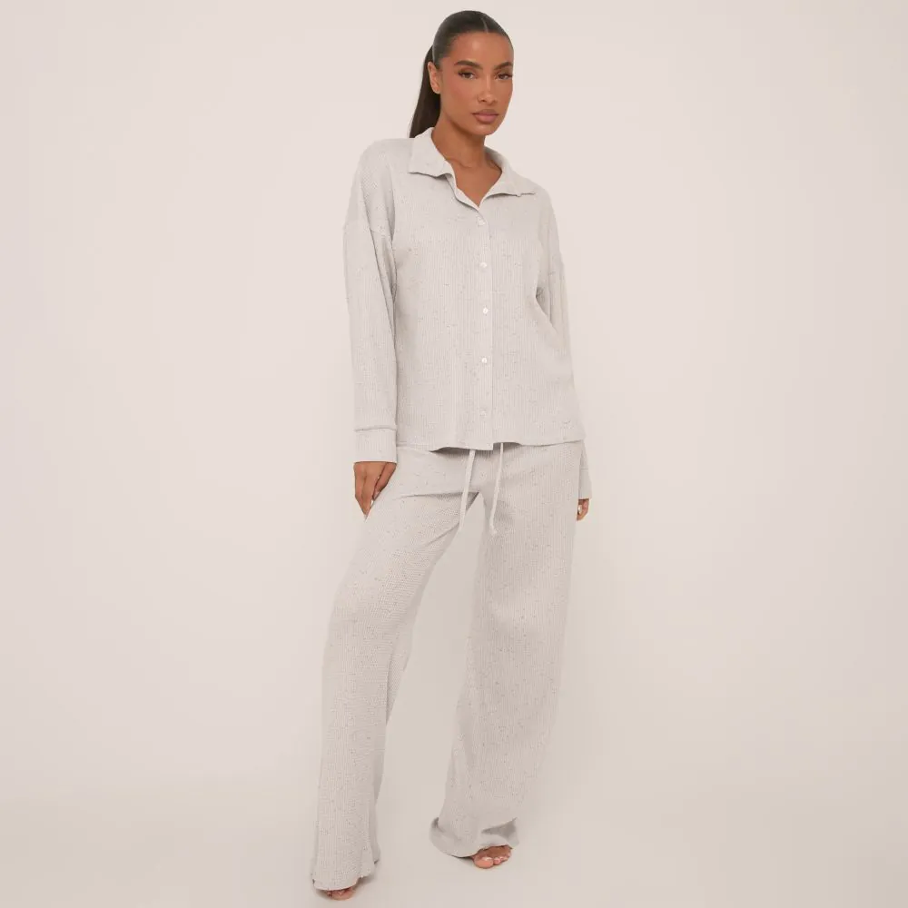 Drawstring Waist Wide Leg Pyjama Trousers In Grey Waffle