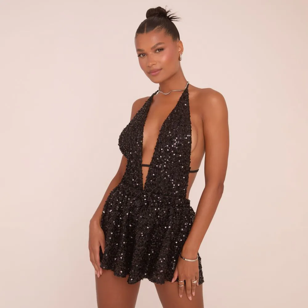 Plunge Halterneck Tie Back Floaty Playsuit In Black Sequin