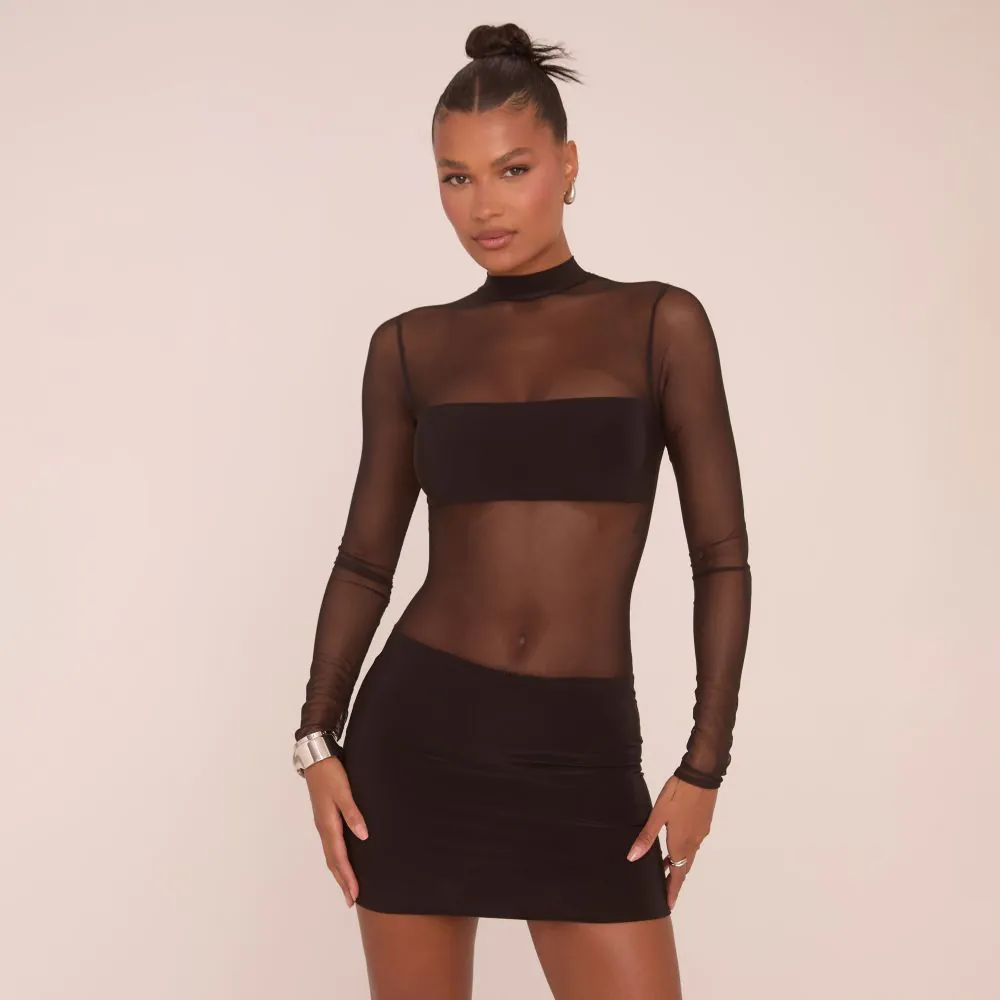 Long Sleeve High Neck Slinky Panel Mini Bodycon Dress In Black Mesh