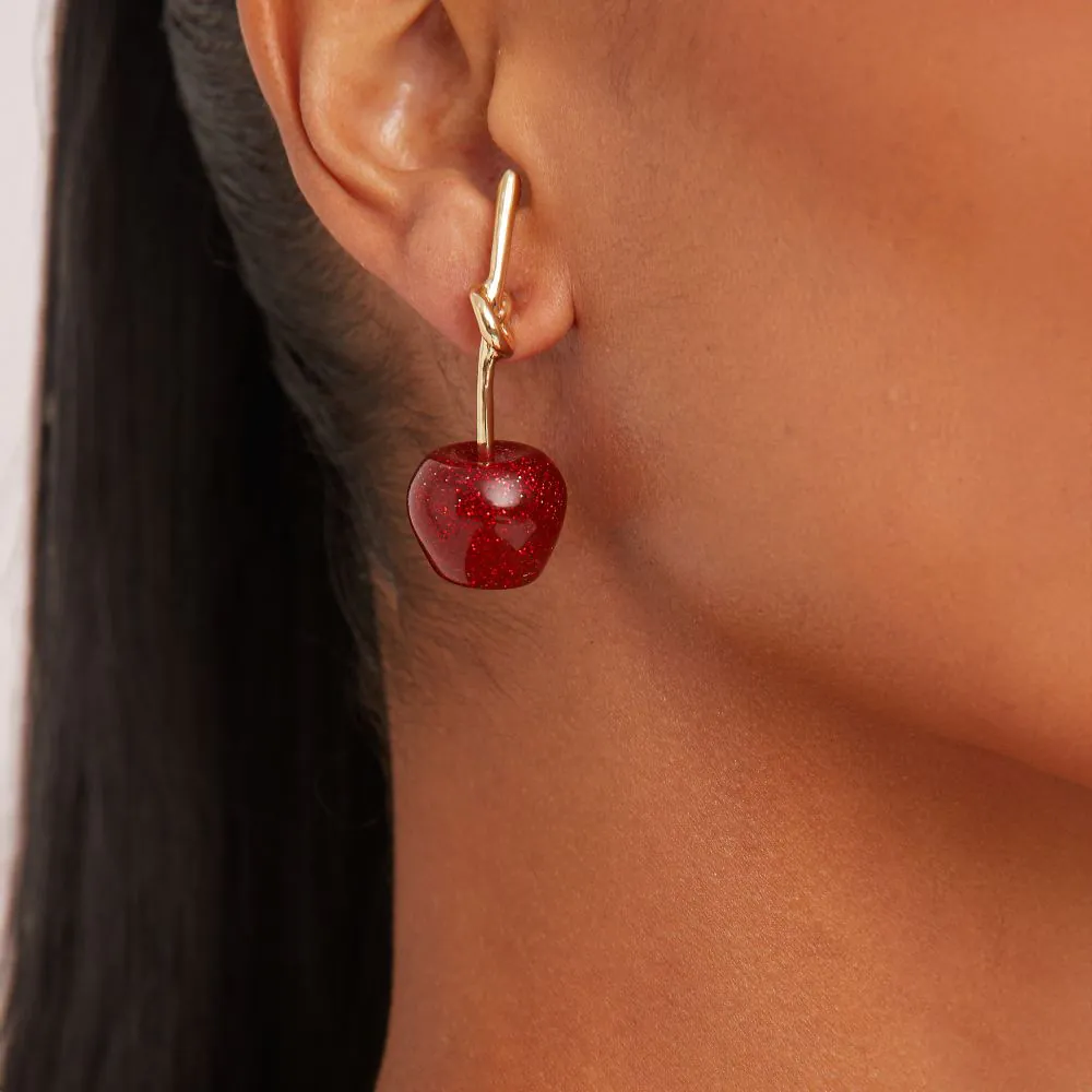 Cherry Knotted Detail Drop Earrings In Red And Gold