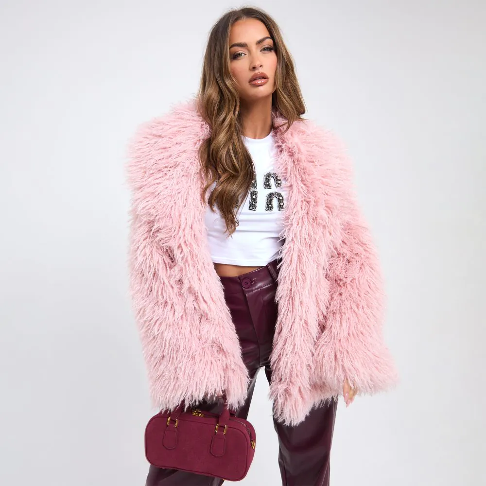 Oversized Collar Shaggy Coat In Pink Faux Fur