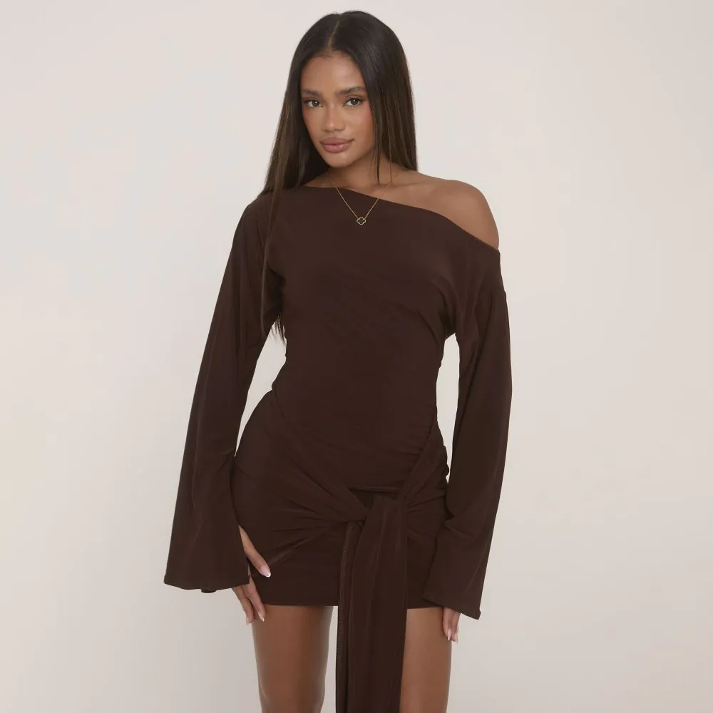 Long Flared Sleeve Drape Detail Mini Bodycon Dress In Chocolate Brown Slinky