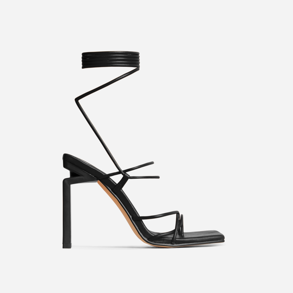 Laced Strappy Square Toe Cut Out Thin Block Heel In Black Faux Leather