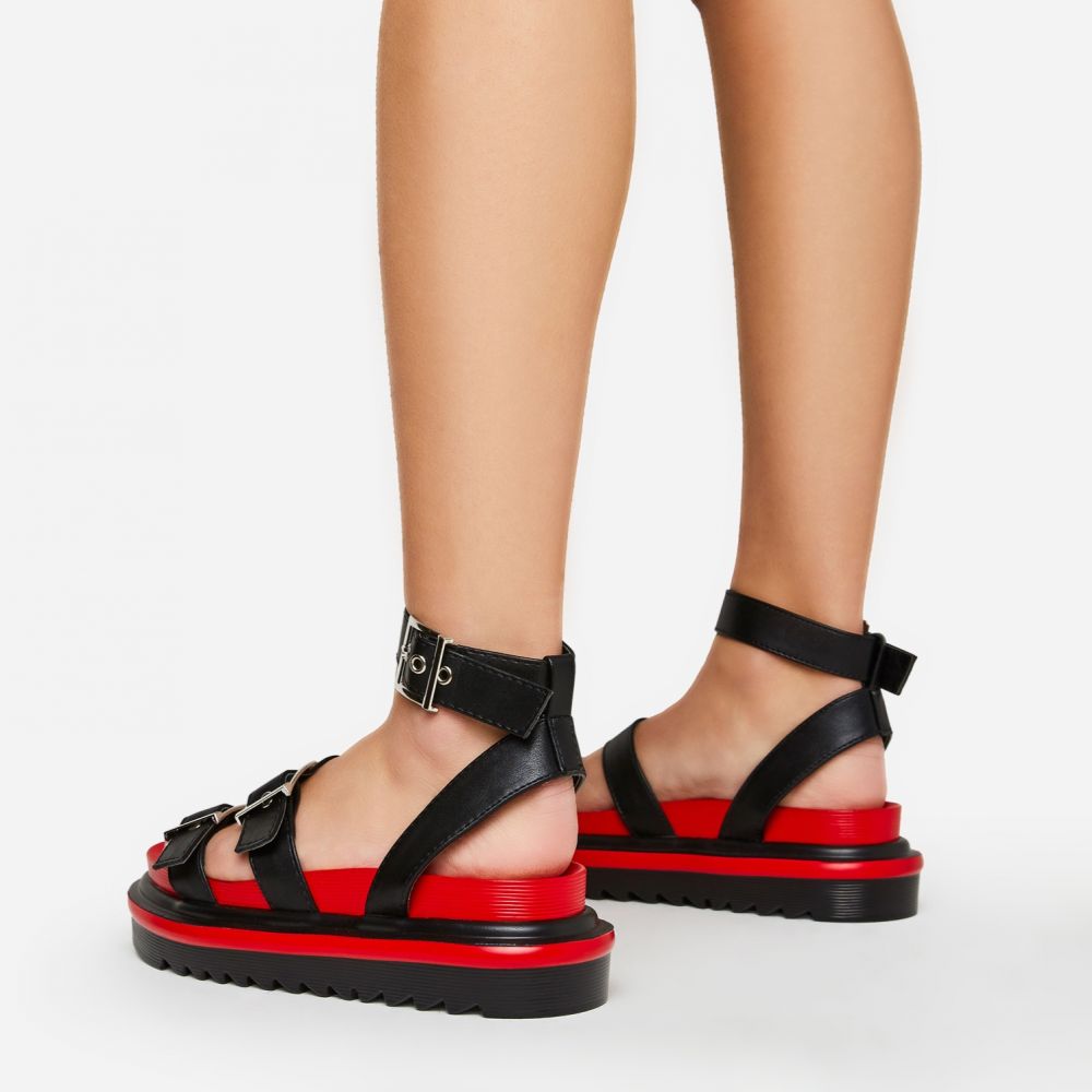 La-Joya Buckle Strap Detail Flatform Sandal In Black And Red Faux Leather