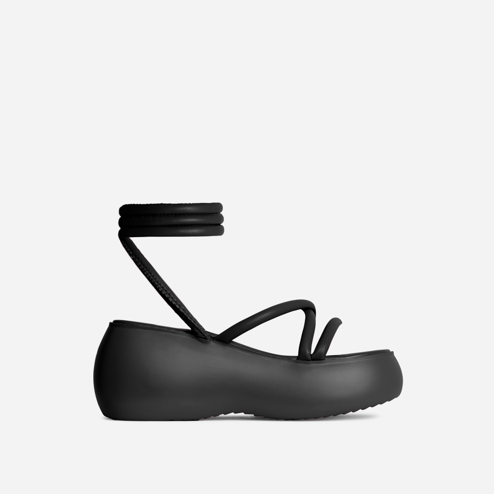 Oui Lace Up Extreme Wedge Open Toe Flat Sandal In Black Faux Leather