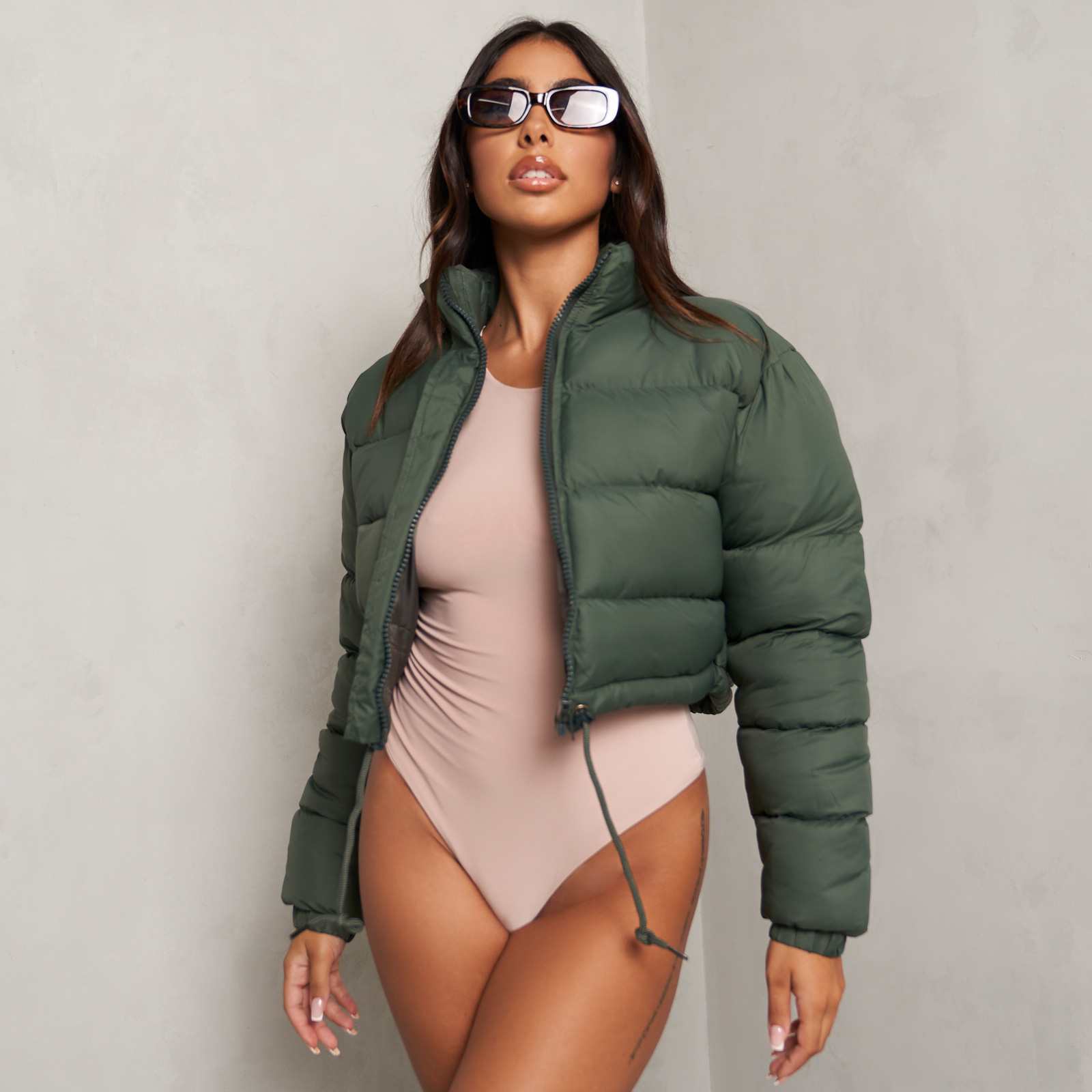 olive green puffer jacket cropped